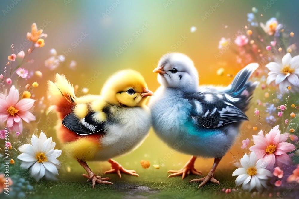 colored chickens with flowers, Easter card, in light pastel colors