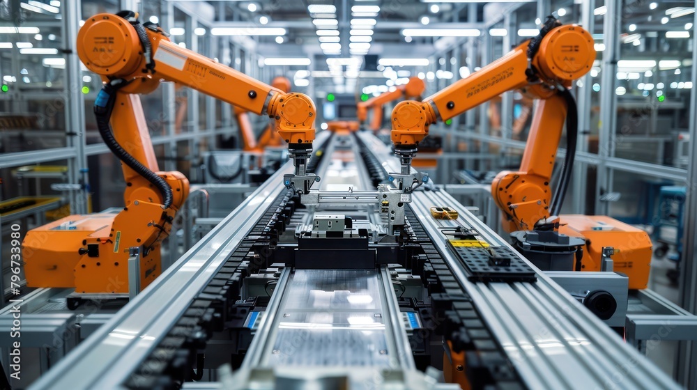 Robotic Arms on Conveyor Belt in Factory Robotic Arms on Conveyor Belt in Factory