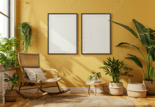 Beige and mustard yellow wall with two poster frames, wooden rocking chair, potted plants, woven side table in living room interior design