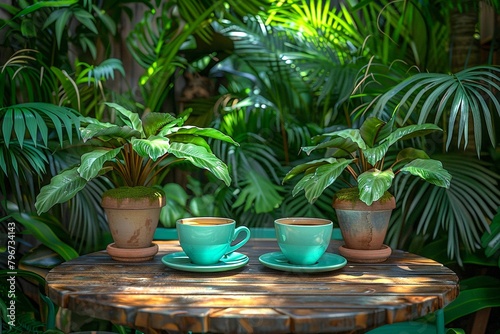 Two cups of coffee on a table in a lush garden