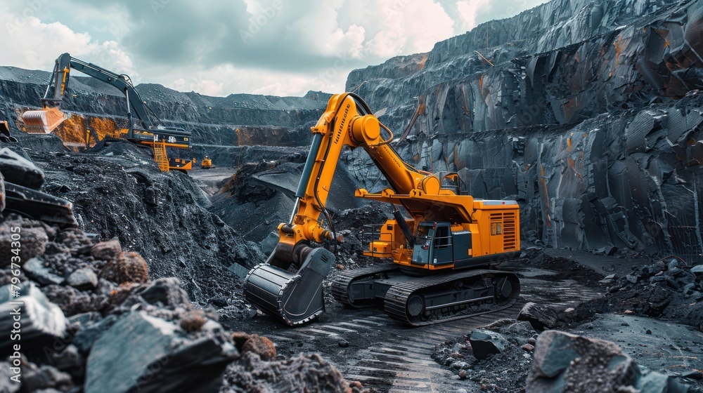 Yellow Excavator Operating in Coal Mine