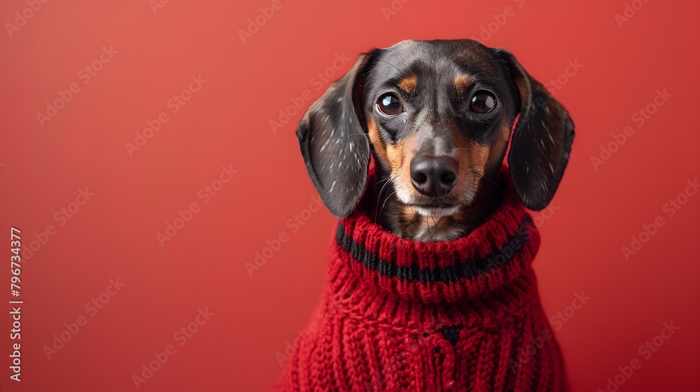 a charming portrait of a dachshund wearing a stylish sweater against a vibrant red backdrop, showcasing its playful personality.