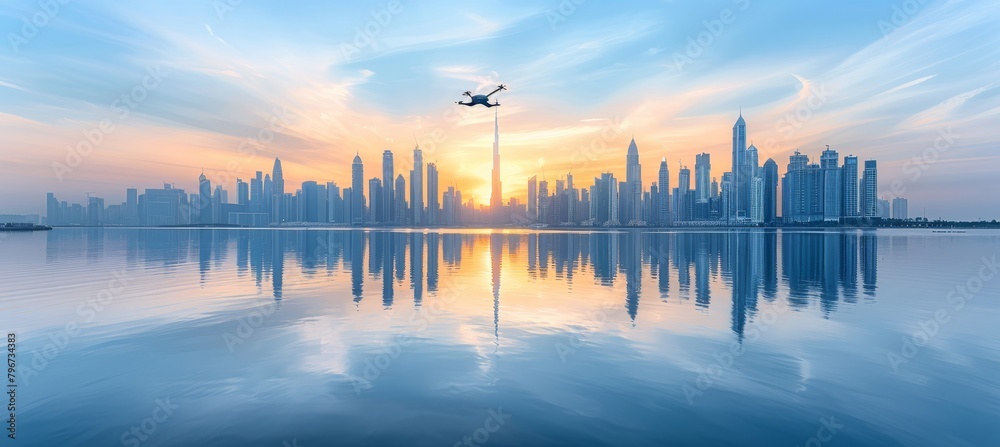 Futuristic cityscape with sleek buildings and flying vehicles in a vibrant skyline