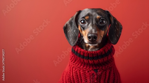 a charming portrait of a dachshund wearing a stylish sweater against a vibrant red backdrop, showcasing its playful personality. © Artistic_Creation
