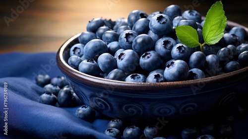 A bowl of fresh blueberries, centered on a ceramic plate, under the natural light of a dewy dawn Some blueberries are crushed to show their juiciness Ideal background for health fo
