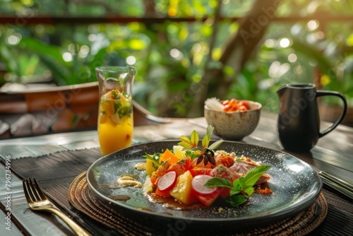 Topical salad served with juice in a luxury outdoor terrace