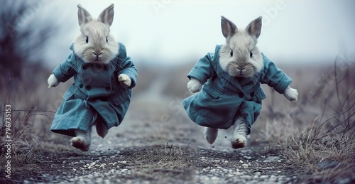 Two rabbits wearing trench coats running side by side photo