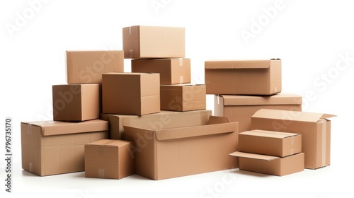 Pile of cardboard boxes on white background © Denys