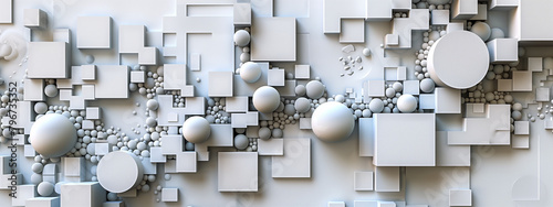 Monochrome digital art with 3d cubes, spheres and other shapes. White background.