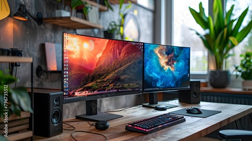a high-performance digital workspace with dual monitors and ergonomic accessories, creating a comfortable and efficient work environment. © Artistic_Creation
