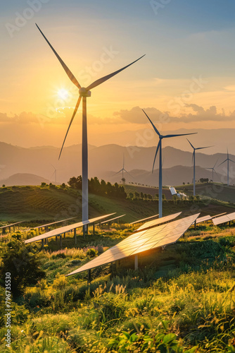 A serene landscape with wind turbines and solar panels, representing the types of renewable energy projects funded by individual carbon offset subscriptions