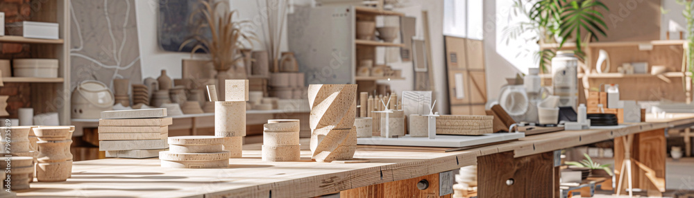 A workshop where industrial designers are crafting durable, biodegradable products, emphasizing waste management and conservation A workshop where industrial designers are crafting durable, biodegradable products, emphasizing waste management and conservation