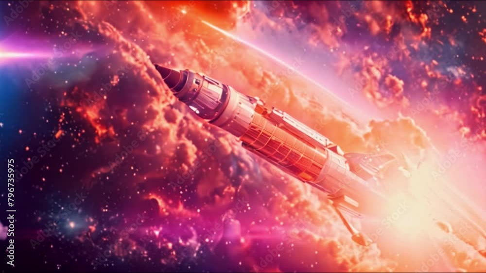 A spacecraft is shown soaring through a vibrant cosmic backdrop, with fiery nebula clouds engulfing the surrounding space A spacecraft is shown soaring through a vibrant cosmic backdrop, with fiery nebula clouds engulfing the surrounding space
