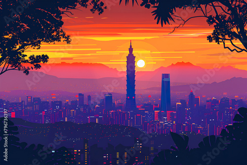 Taipei flat vector city skyline sunset Taiwan