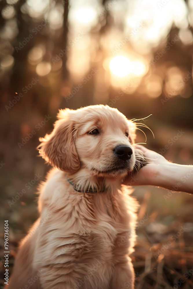 hand petting golden retriever puppy