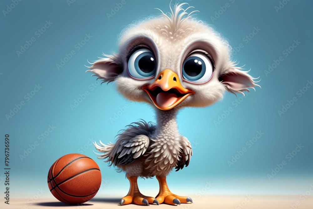 Naklejka premium cute sporty happy ostrich playing basketball
