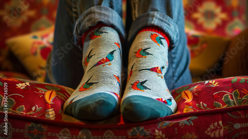 feet with colorful socks on home sofa