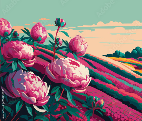 Peony roses field