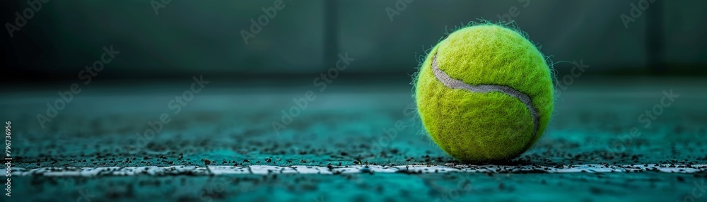 Clear shot of a vibrant green tennis ball minimalistic background with lots of space for text