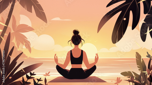 A woman doing yoga on a beach during sunrise