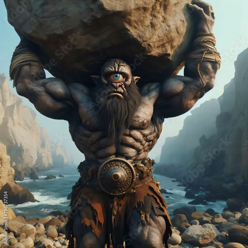 A one-eyed Cyclops from ancient Greek mythology. The Cyclops is holding a huge boulder in the air. Hesiodic thunderstorm demons. Homeric giants. Mythical master builders. Generative AI