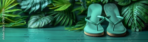 A pair of shoes sit on the floor next to a green ornament, hinting at the Christmas season photo