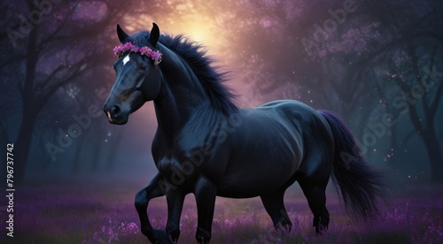 a black horse with a purple mane and a flower crown, beautiful horse, beautiful serene © Amjad