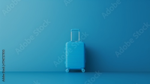 Blue suitcase against a matching blue background photo
