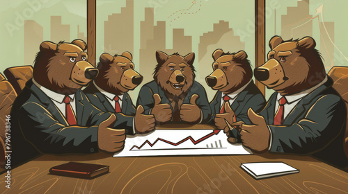 An illustration of five cartoon bears dressed in business suits, enthusiastically discussing over a graph showing growth. Cartoon Bears in Suits Having a Business Meeting

