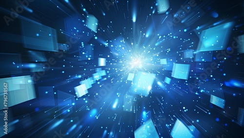 Abstract digital background with blue glowing squares and light rays, representing technology in futuristic concept. 