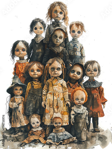 Creepy Dolls , Collection of antique dolls with haunting eyes in a dusty, shadow,filled room