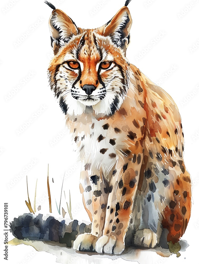 A watercolor painting of a lynx sitting on a rock A watercolor painting of a lynx sitting on a rock