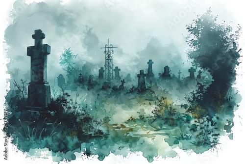 A watercolor painting of an old cemetery. The tombstones are covered in moss and the trees are bare. The sky is gloomy and there is a light fog.
