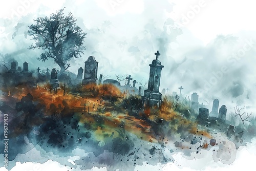 A watercolor painting of a cemetery. The tombstones are old and weathered. The trees are bare. The sky is gloomy.