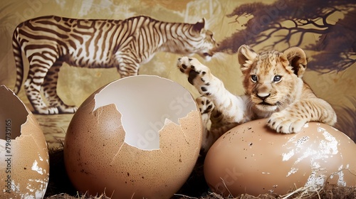 Portrait of a Baby Lions Emergence from an Egg on a Safari Backdrop Generative ai photo