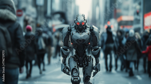 Robot with red eyes walking on the big city street photo