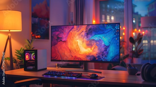 creativity and inspiration with an image of a digital workspace featuring colorful artwork on the walls, a high-resolution monitor, and a comfortable chair.