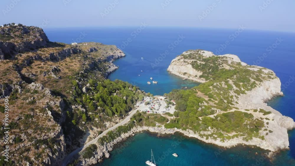 Drone flight above Anthony Quinn Bay in Faliraki, Rhodes Island, Greece Drone flight above Anthony Quinn Bay in Faliraki, Rhodes Island, Greece