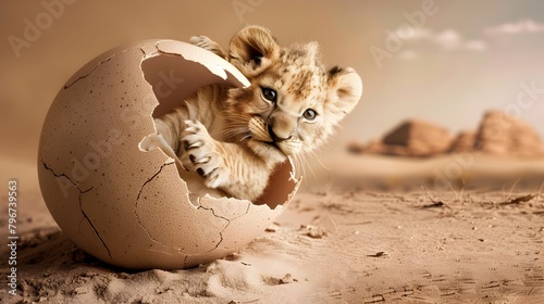 Surrealism in Portrait Photography Newborn Lion Emerging from an Egg in the Desert Generative ai photo
