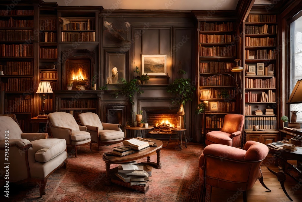 living room with books and fireplace