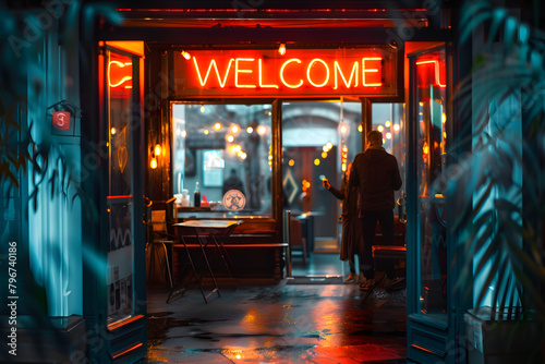 a neon sign with the text WELCOME © john