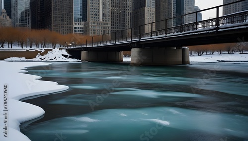Elevated train crosses a freezing Chicago River as steam rises while temperatures plummet.generative.ai 