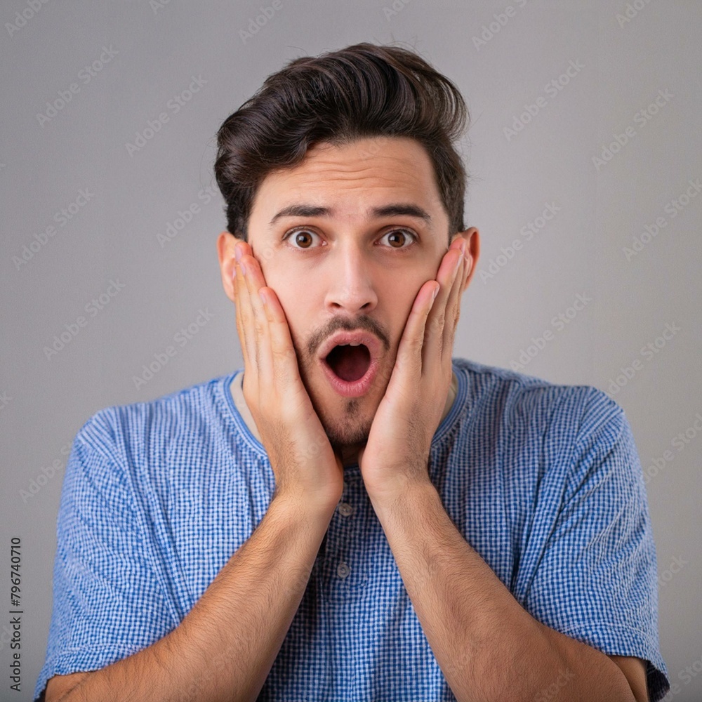Portrait of a funny man expressing surprise. Stupefied man with open mouth and hands on face. Astonished guy. Portrait of a funny man expressing surprise. Stupefied man with open mouth and hands on face. Astonished guy.
