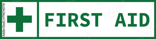 First aid sign. Green square and green cross symbol with FIRST AID text on the side, vector illustration.