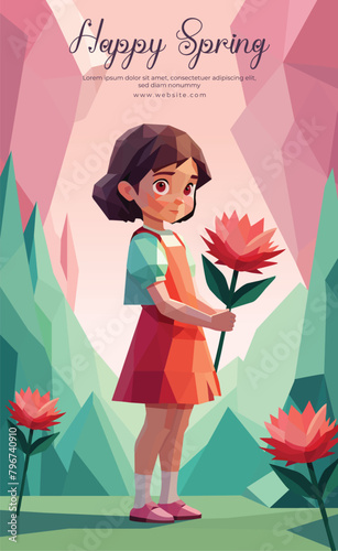 Travel time poster template with low poly little girl holding a red flower geometric polygonal style vector illustration