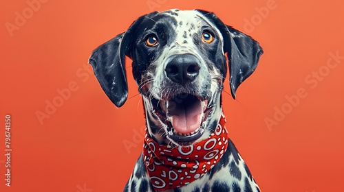 excitement of a dalmatian wearing a patterned bandana against a bright orange background, radiating energy and enthusiasm.