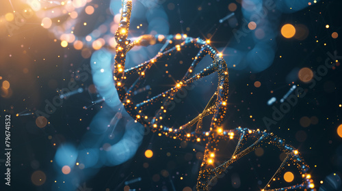DNA double helix with shine on blur background wallpaper. Glowing dots and lines are connecting like DNA