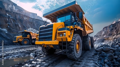 Two dump trucks: one carrying rocks, the other empty, driving uphill. Concept Dump Truck carrying rocks, Empty Dump Truck, Uphill Drive, Construction Site, Heavy Machinery