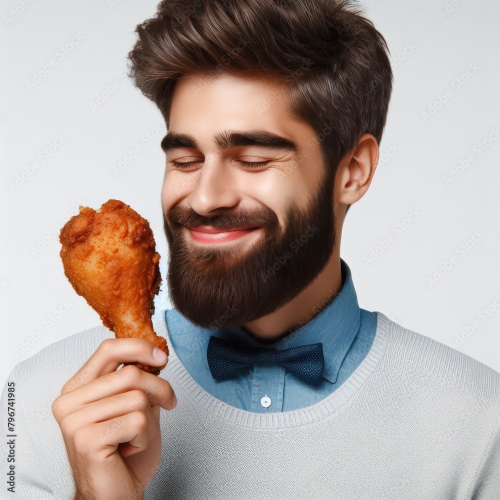 A man with a satisfied face eats a chicken leg on a white background A man with a satisfied face eats a chicken leg on a white background