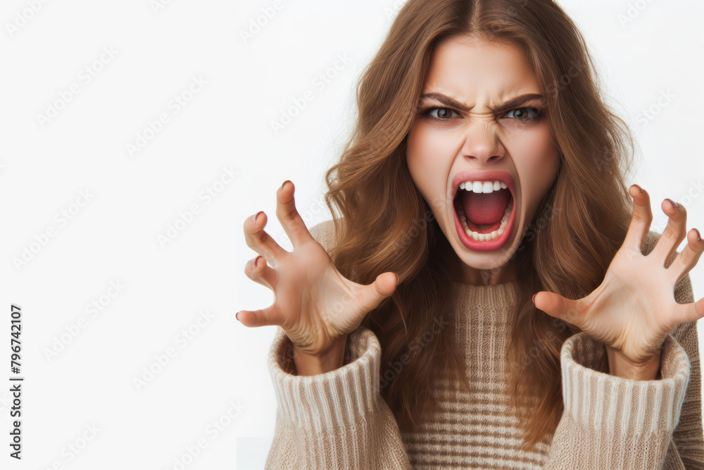 angry girl with open mouth waving her hands on a white background angry girl with open mouth waving her hands on a white background